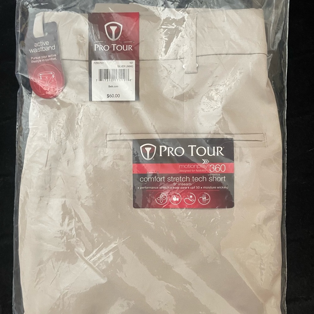 Men’s Pro Tour shorts from Belk. Unopened package of size 40 tan shorts.